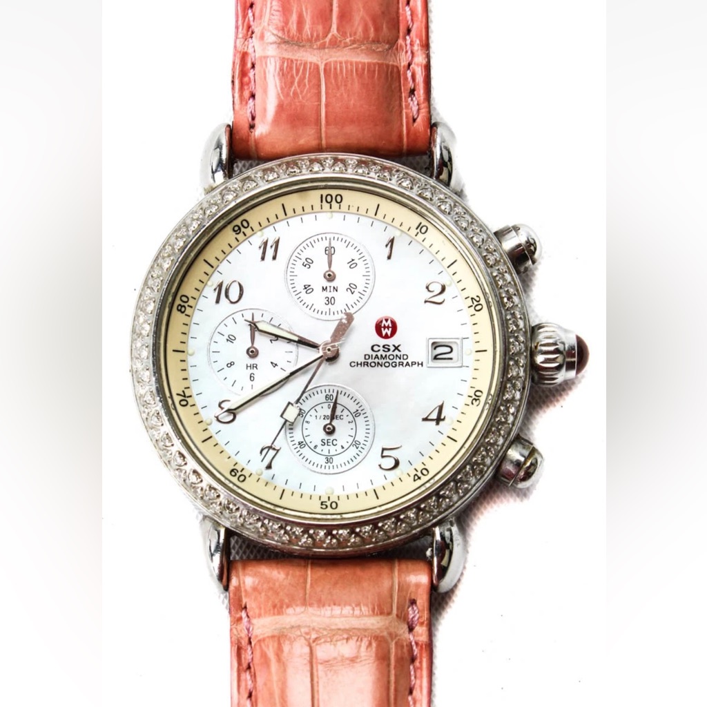 Michele Womens Stainless  Mother Of Pearl Dial Diamond Bezel Csx Chronograph